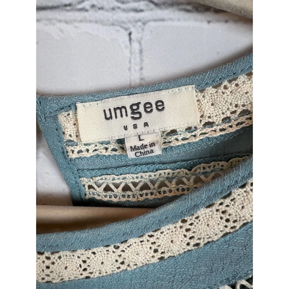 UMGEE light blue boho embroidered lace trim A-line short sleeve dress size L - Picture 2 of 9